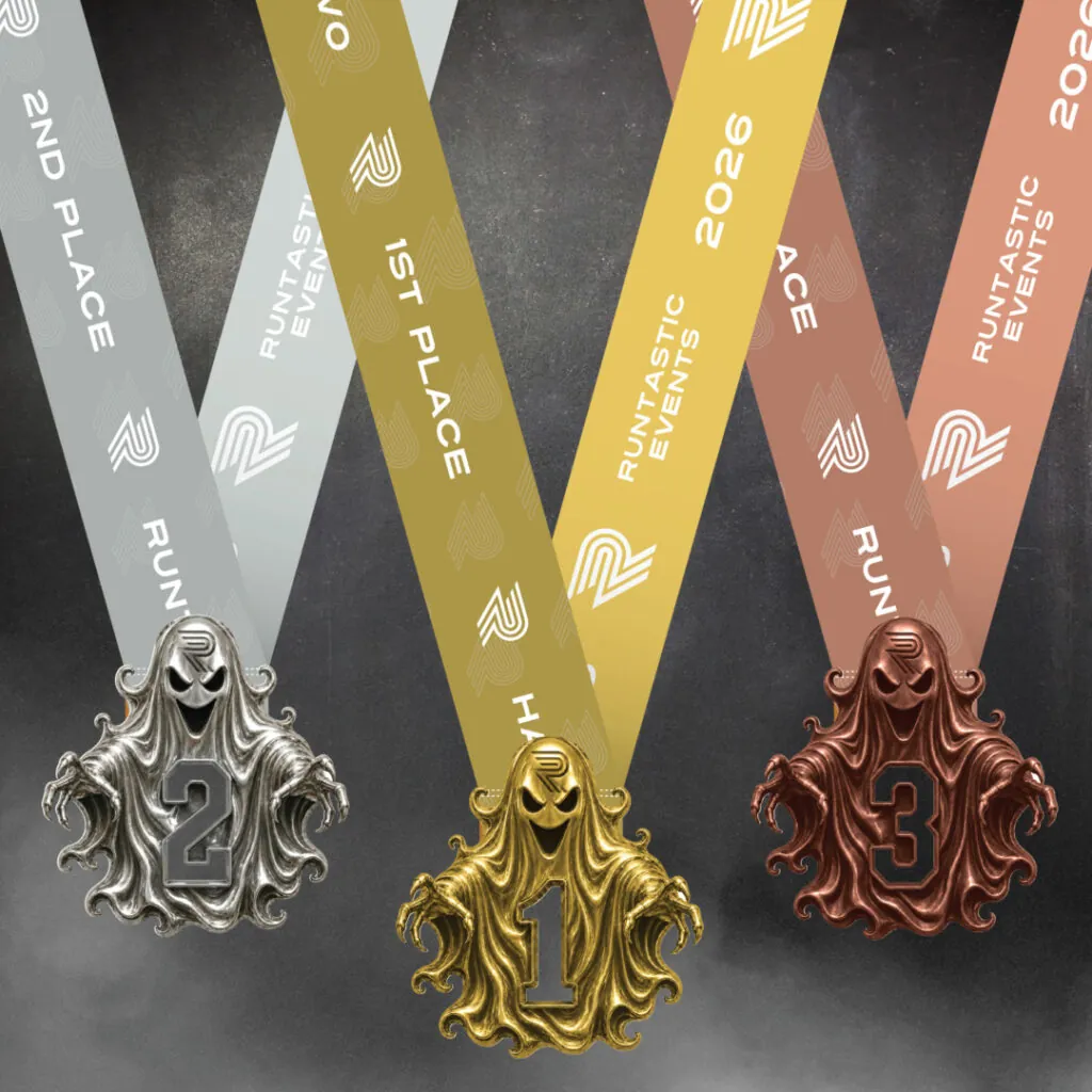 Three Runtastic HAUNTED 2026 Metal Ghost Award Medals in Salt Lake City and Provo, Utah