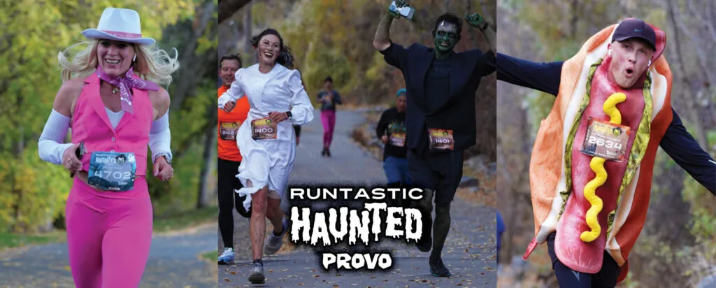 People running a race in halloween costumes at the Runtastic PROVO HAUNTED in Provo, Utah