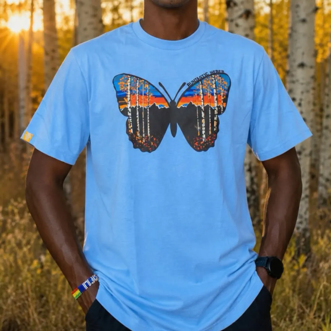 Runtastic HEBER 2026 Race Shirt Man wearing Runtastic HEBER 2026 Race Shirt in front of Aspen trees