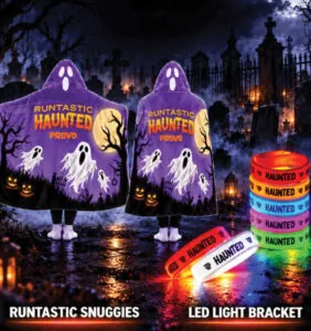 Runtastic HAUNTED 2026 NIGHT 5K Purple Halloween Ghost Snuggie and LED Light Bracelets in Provo Utah