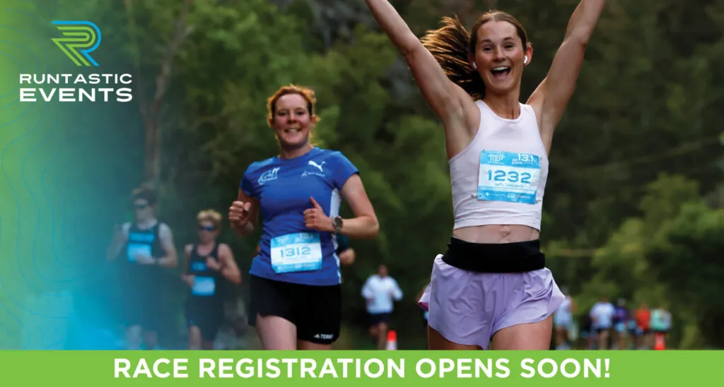 Two happy women running a Runtastic Events race course with the text: Race Registration Opens Soon